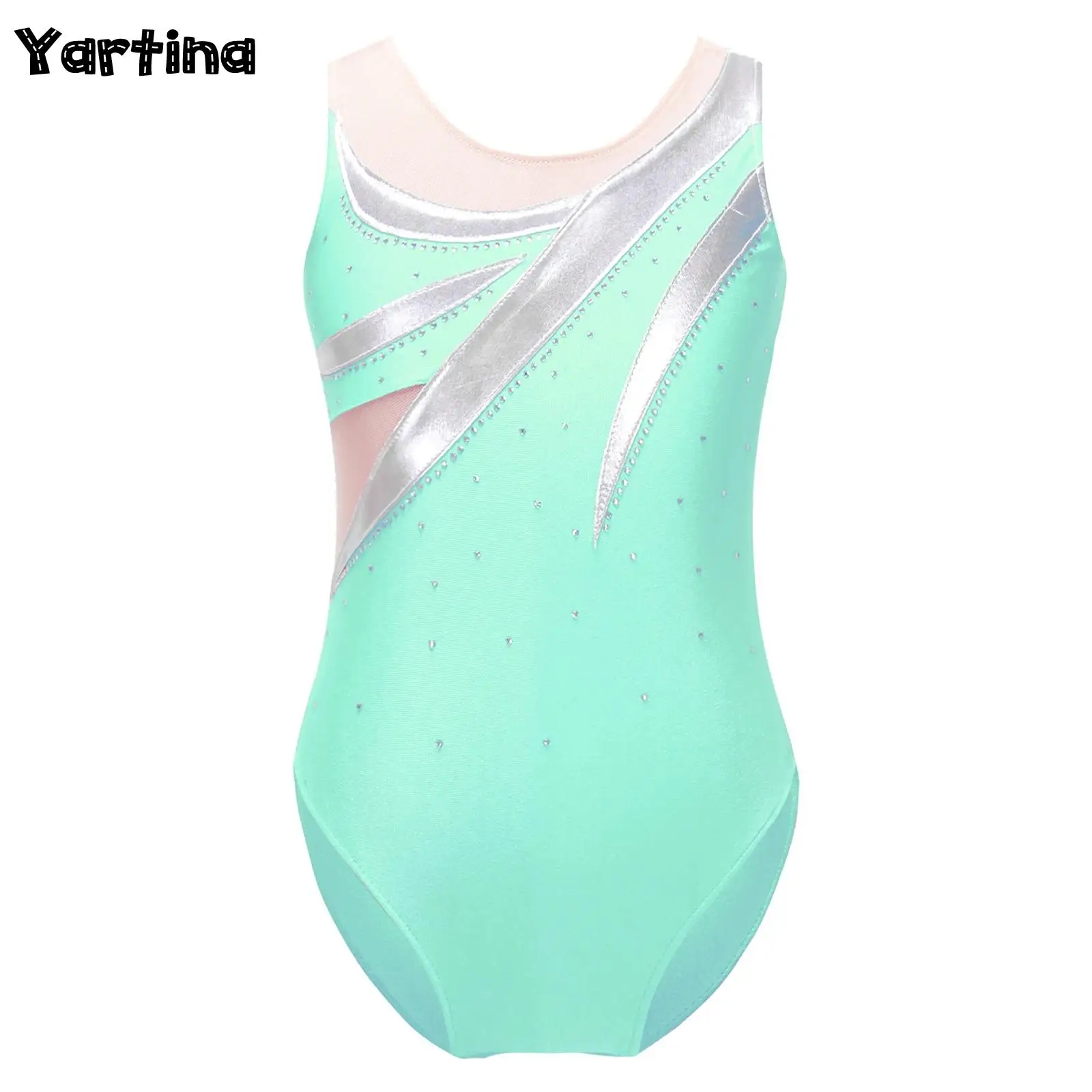 Kids Girls Ballet Jersey Round Neckline Shiny Rhinestone Bronzing Cloth Athletic Gymnastic Skating Dance Tight Fitting Leotards