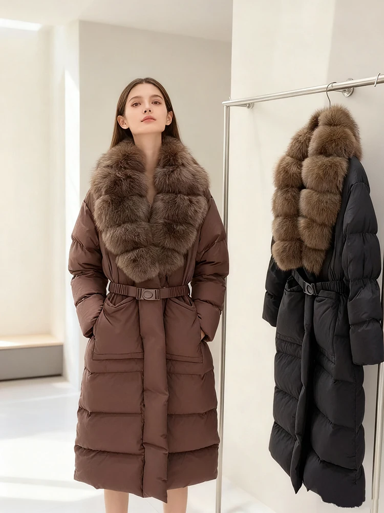 

Зимний длинный пуховик с воротником из натурального меха, женский с поясом, теплая толстая верхняя одежда Parker, женские куртки до колена на белом утином пуху