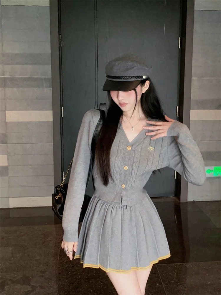 New 2024 Fall Fashion Grey Knit 2 Piece Sets Long Sleeve V Neck Cardigan&Pleated Mini Skirt Women Two Pieces Slim Sweater Suits