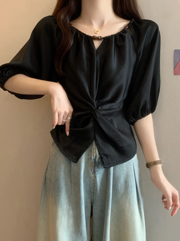 Design Sensation Pleated Short Sleeve Satin Shirt Women Summer Fashion plus Size Conceal Belly Short Style Top Korean Style