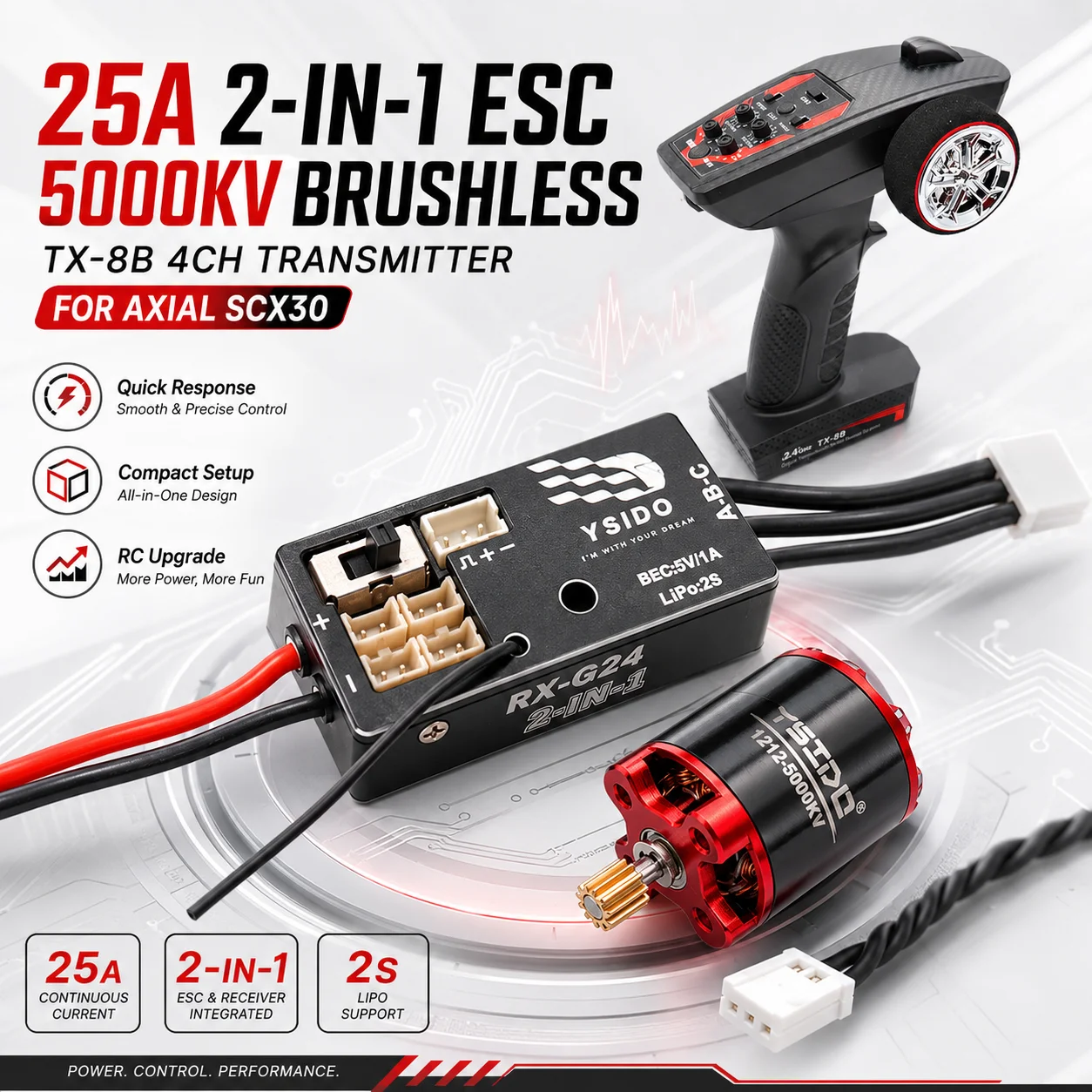 1:30 RC Car Power Upgrade Combo Set 4CH Transmitter RX-G24 25A ESC 2 in1 Set 1212 Brushless Motor for AXIAL 1/30 SCX30 RC Car