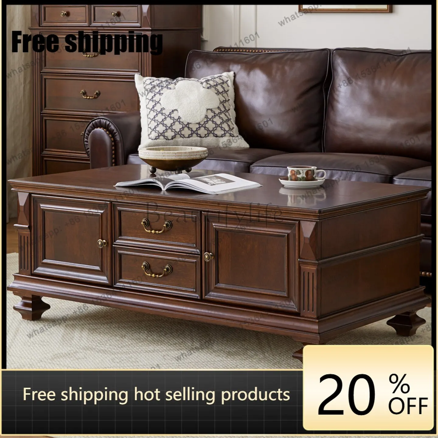 XX American solid wood coffee table living room home large capacity double-sided storage retro log tea table