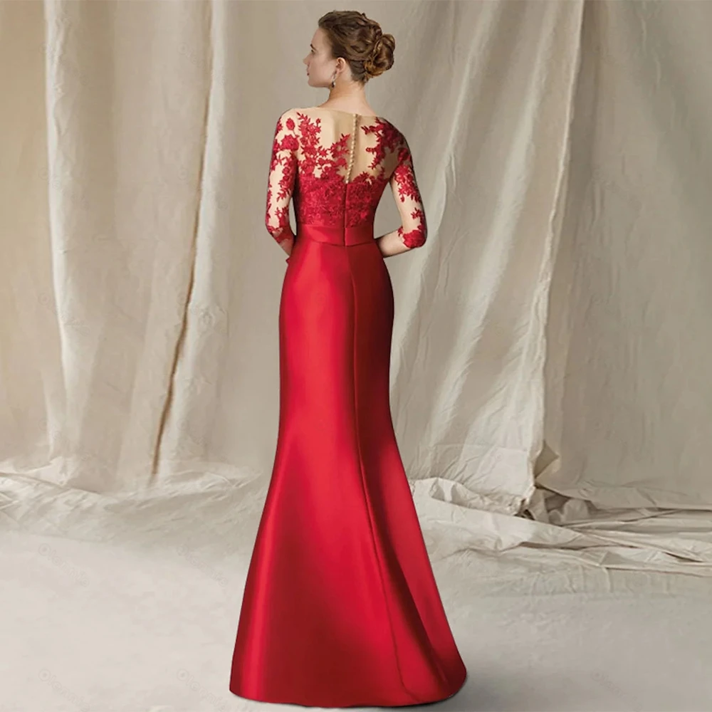 Robe sirène trois quarts en satin rouge pour femme, robes personnalisées pour la mère de la mariée, robe de soirée de mariage avec dentelle, haute qualité