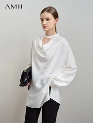 Amii Minimalist Solid Color Loose Mid Long Neck Lyocell Shirt 2025 Spring New Split Pearl Buckle Long Sleeve Casual Top 12551024