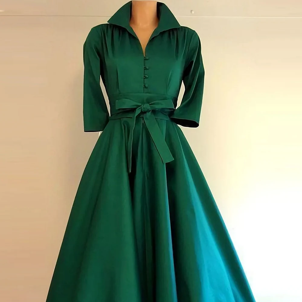 

Women Elegant High Collar Solid Dress Lace-up Belt A-Line Long Sleeve Autumn Button Casual Dress Loose Ruched Hem Daliy Dresses