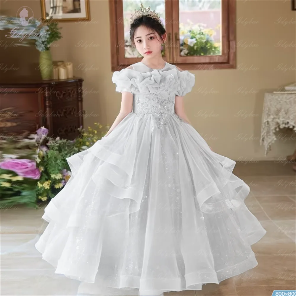 

Girls Luxury Princess White Gown Beauty Pageant Birthday Party Wear Kids Long Elegant Piano Performance Evening Dress