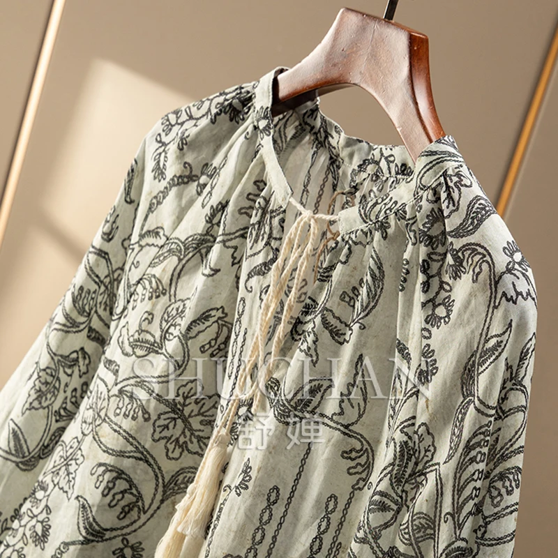 Ethnic Style Print 100 Linen Round Neck Long Sleeve Shirt Women 68C3 Blouses for Women Fashion 2025