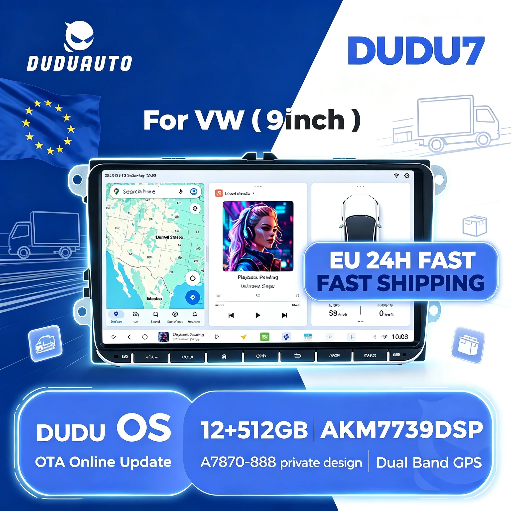 MEKEDE EU Store 2 Din DUDUAUTO Unità centrale autoradio DUDU7 Navigazione A7870-888 Lettore multimediale per auto Schermo da 9" Autoradio Android per VW Volkswagen Golf Passat B6 B7 Polo Tiguan Skoda