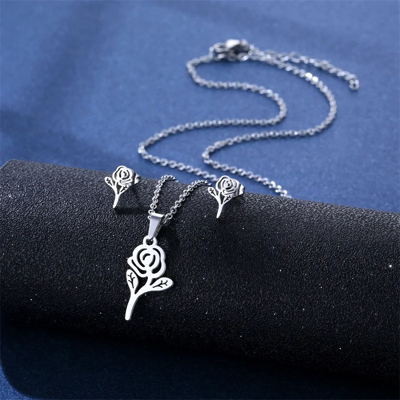 316L Fashion Rose Flower Necklace Pendant Stainless Steel Chain Jewelry Set Flower Earrings Necklace Women\'s Jewelry Gift