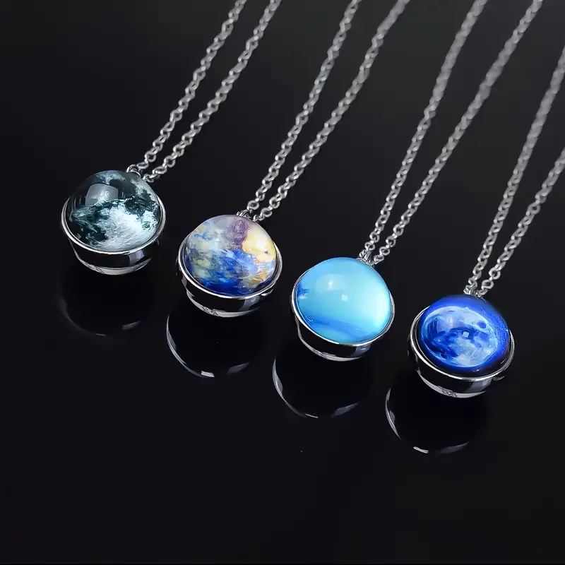 Double Sided Galaxy Planet Glass Ball Pendant Necklace Sun Earth Moon Mars Necklaces Jewelry