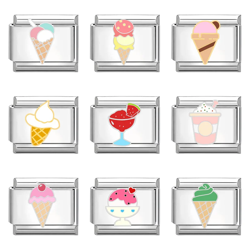 Sweet Ice Cream Cone Cake Coffee Cartoon Cute Italian Charm Links Fit 9mm Bracelet Making DIY Jewelry Gifts Wholesale