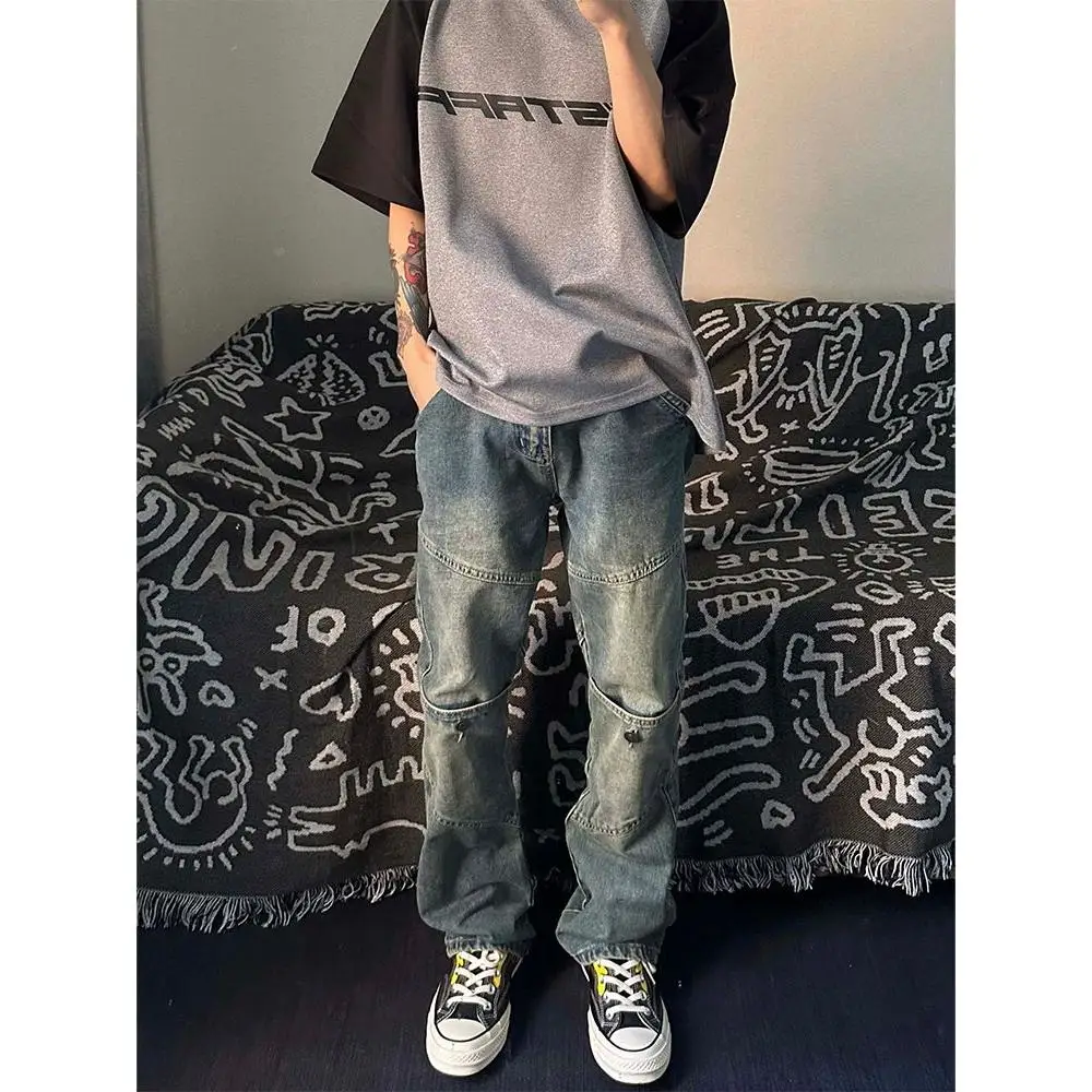 

Мужские джинсы в американском ретро-стиле на молнии, новинка лета 2025, повседневные прямые брюки с легким расклешением, трендовый бренд в уличном стиле