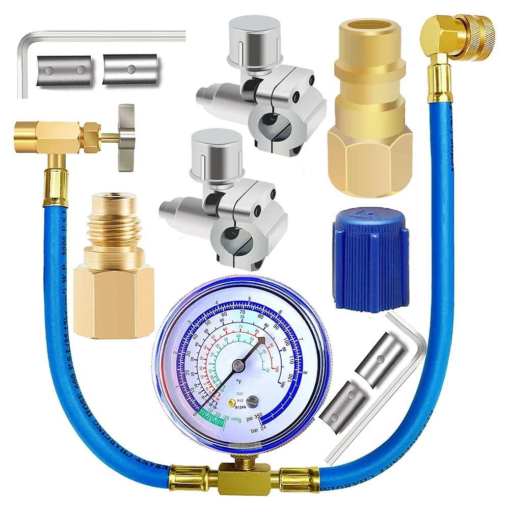 A38T-Refrigerator Freon Recharge Hose With Gauge Kit R134A R12 R22,With BPV31 Piercing Tap Valve,For A/C Refrigerant System