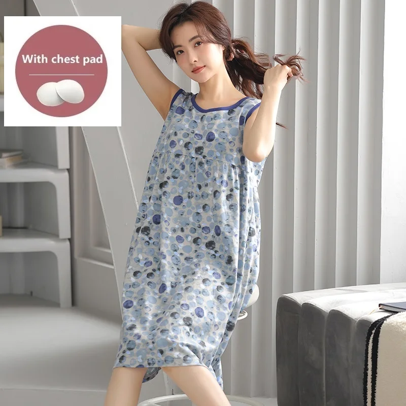 With Chest Pads Summer Women\'s Nightgowns Sleeveless Modal Cotton Dress Cute Girls Big Yards Sleepwear Floral Vest Home Clothes