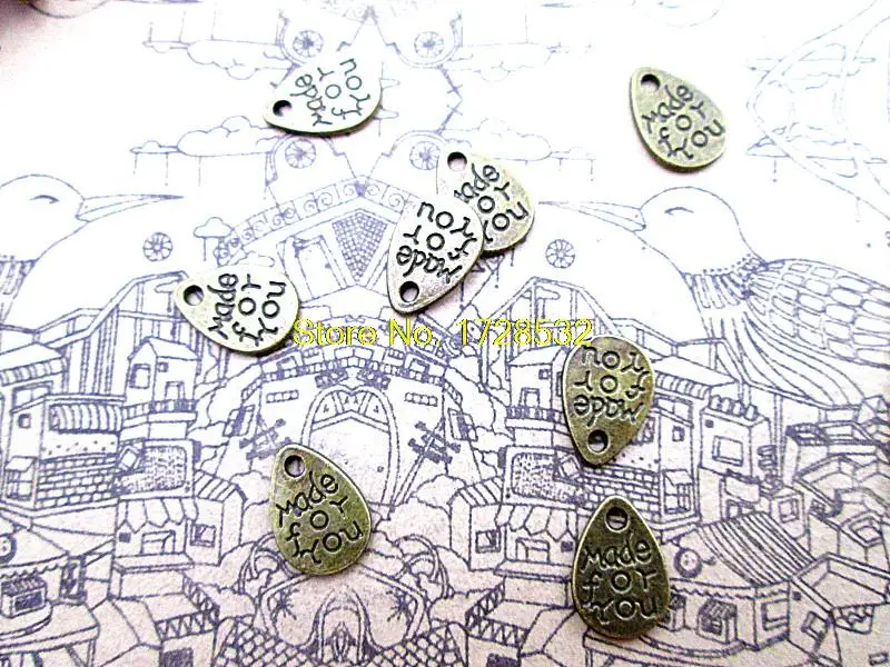 50pcs/lot Made for You Charms bronze tone Tear Drop Made for You Tag Charm Pendants 8x11mm