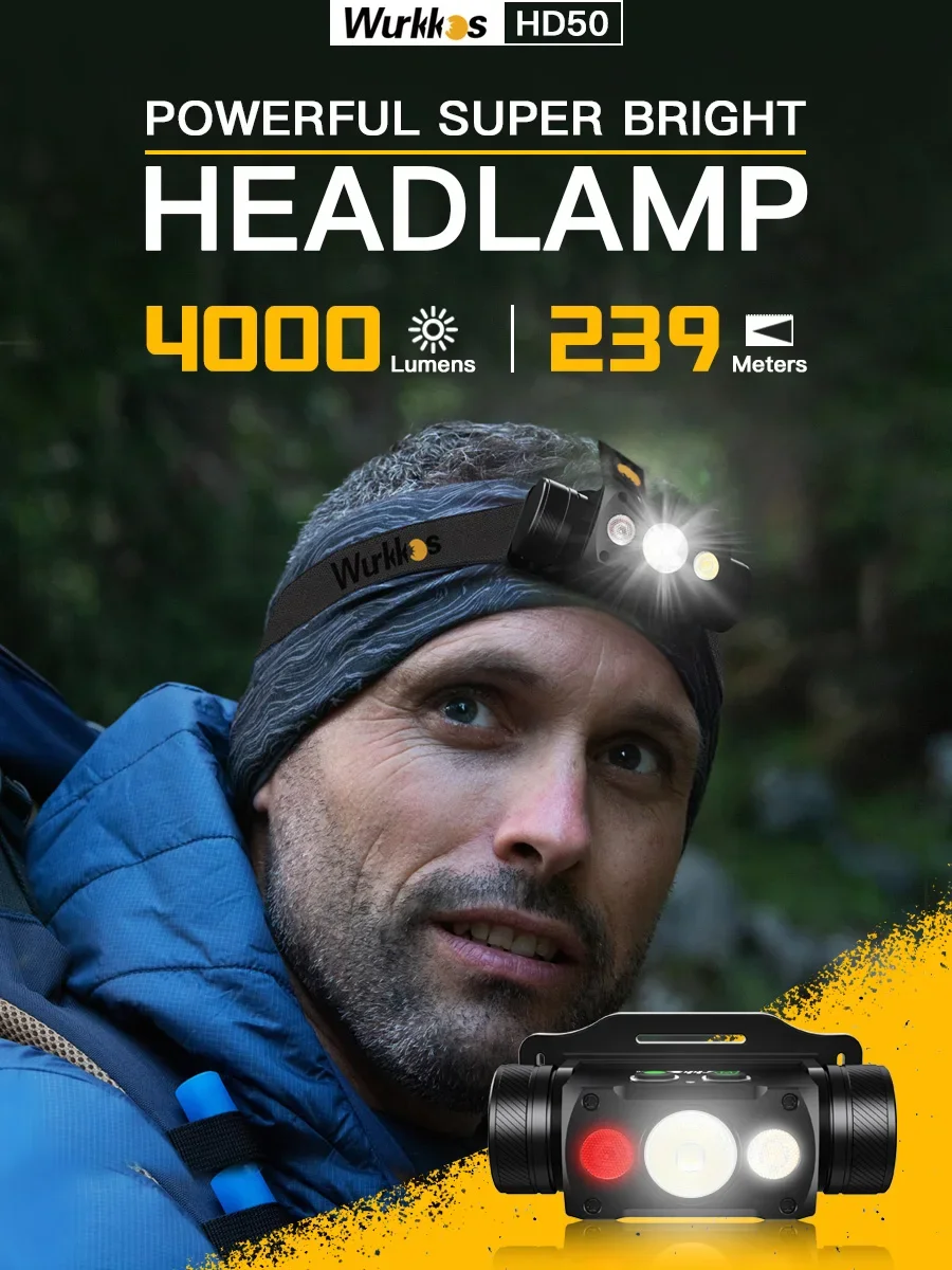 Wurkkos HD50 Stirnlampe, 2A wiederaufladbar, 21700 LED-Stirnlampe, 4000 Lumen mit 660 nm rotem Licht, Arbeitslicht, magnetisches Rücklicht, Angellicht – Versand aus lokalem Lager