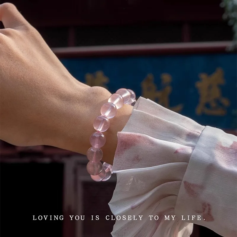 Natural Rose Quartz Handstring Bracelet Chinese Style Lucky Blessing Love Fortune Simple Beaded Jewelry For Women 8mm 10mm 12mm