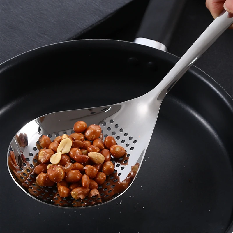 Golden 304 Stainless Steel Soup Spoons Colander Enlarged Spoon Head Food Filter Long Handle Skimmer Pasta Strainer for Kitchen