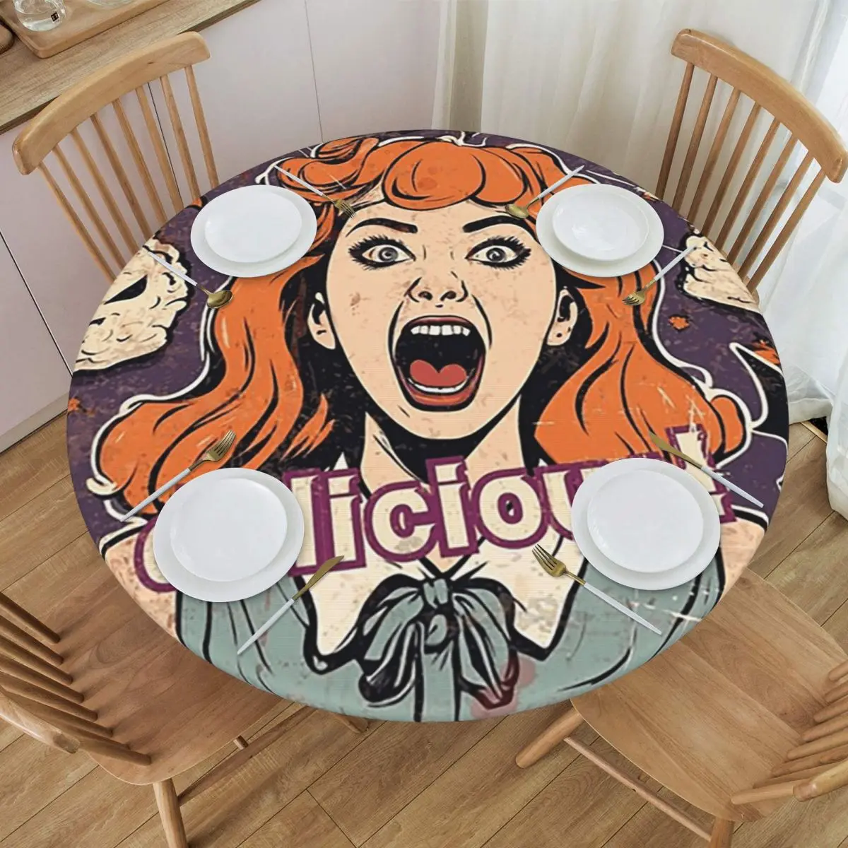 Rice Balls Is Delicious! Halloween Girl Version Round Tablecloth Oilproof Table Cloth for Kitchen Events Dining Table Cover