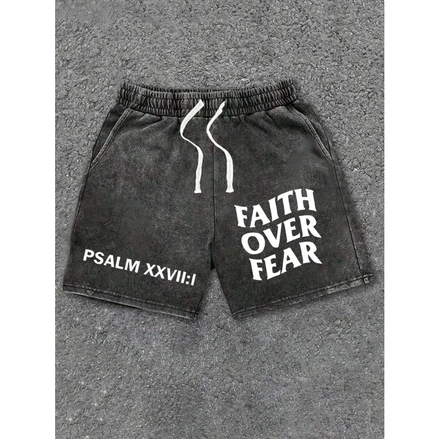 

290g Washed Faith Beyond Fear Printed Shorts High-Quality Batik Cotton Men's Shorts Suitable For Daily Wear Adjustable Drawstri