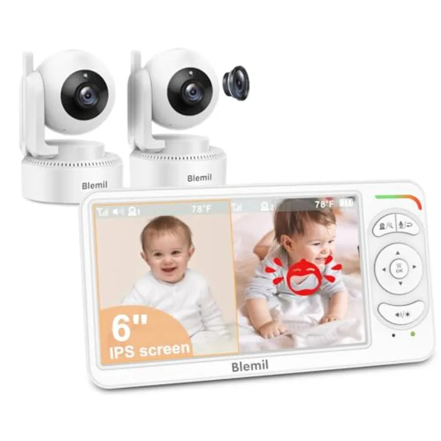 6 Baby Monitor with 2 Cameras, ABS Plastic, Black, 4000mAh Battery Upgrade, Split Screen, Auto-Night Vision, Remote Pan-Tilt-Zo
