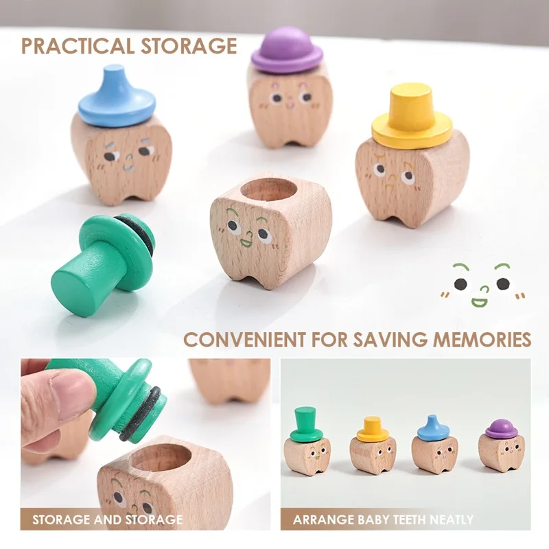 Solid Wood Children's Deciduous Tooth Box, Funny Expressions, Wooden Collection Box, Commemorative Box, Baby Tooth Storage Box.