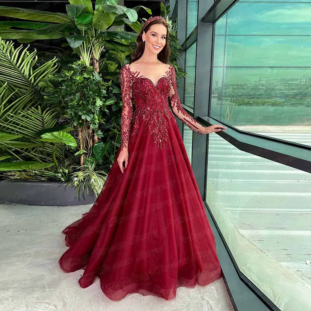 Engagement Evening Dresses Long Luxury 2022 Burgundy Marriage Kaftan Applique Bead Lace Illsuion Sleeve Formal Wedding Party