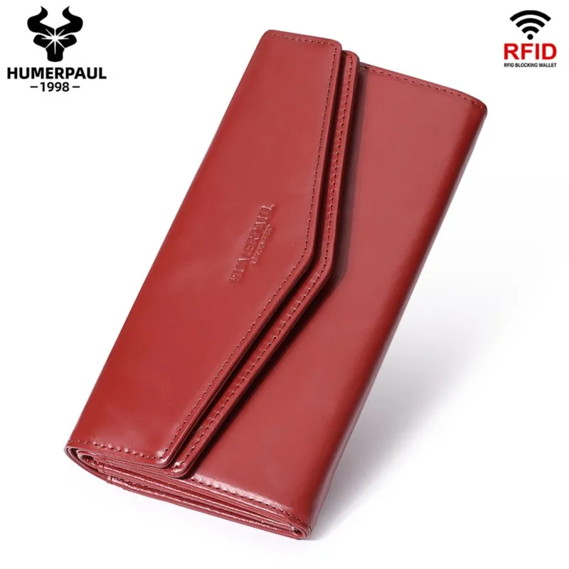 

Women's Retro Fashion Genuine Leather Wallet RFID Blocking Anti-Theft Multi-Slot Card Holder Multi-Compartment Long Clutch Bag