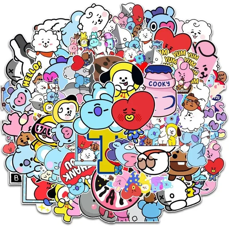 50pcs Line FriendsBT21 Cartoon Graffiti Stickers Waterproof Sunscreen Non-glue Luggage Car Refrigerator Helmet Kids Toys Gifts