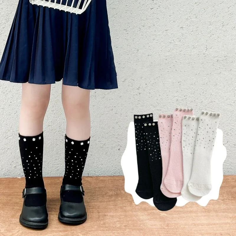 1 Pair Chic Shiny Rhinestone Girl Calf Sock Korean Sweet Chic Mid-Tube Socks for Kids Spring Autumn Cotton Soft School Sock