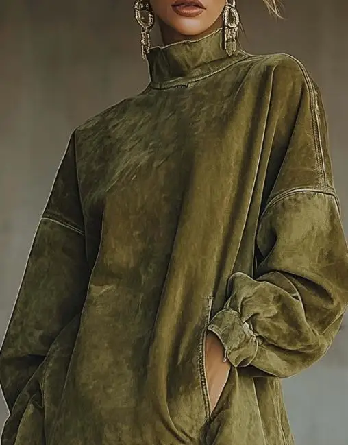 レディースワンピース 2025 春秋新作 無地 ハイネック ルーズ ポケットデザイン タッセルヘム 長袖 カジュアル スエード ミニワンピース