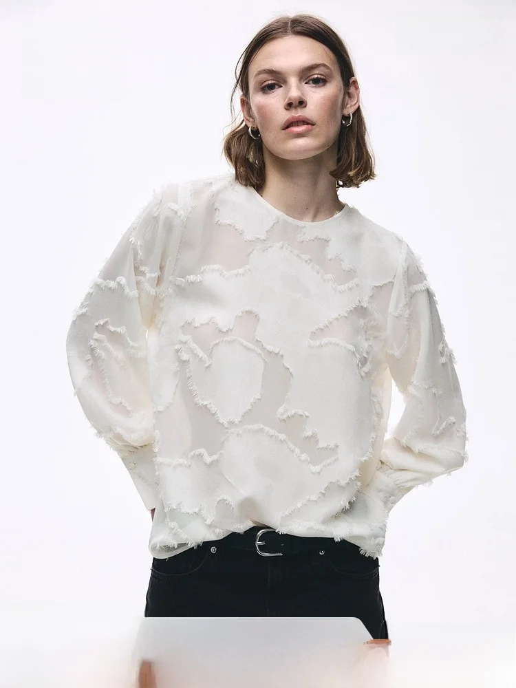 

Женская модная рубашка H&M с вышивкой, весна-лето, трендовый тканый топ, романтичный изысканный стиль, повседневный крой, длинный рукав, круглый вырез