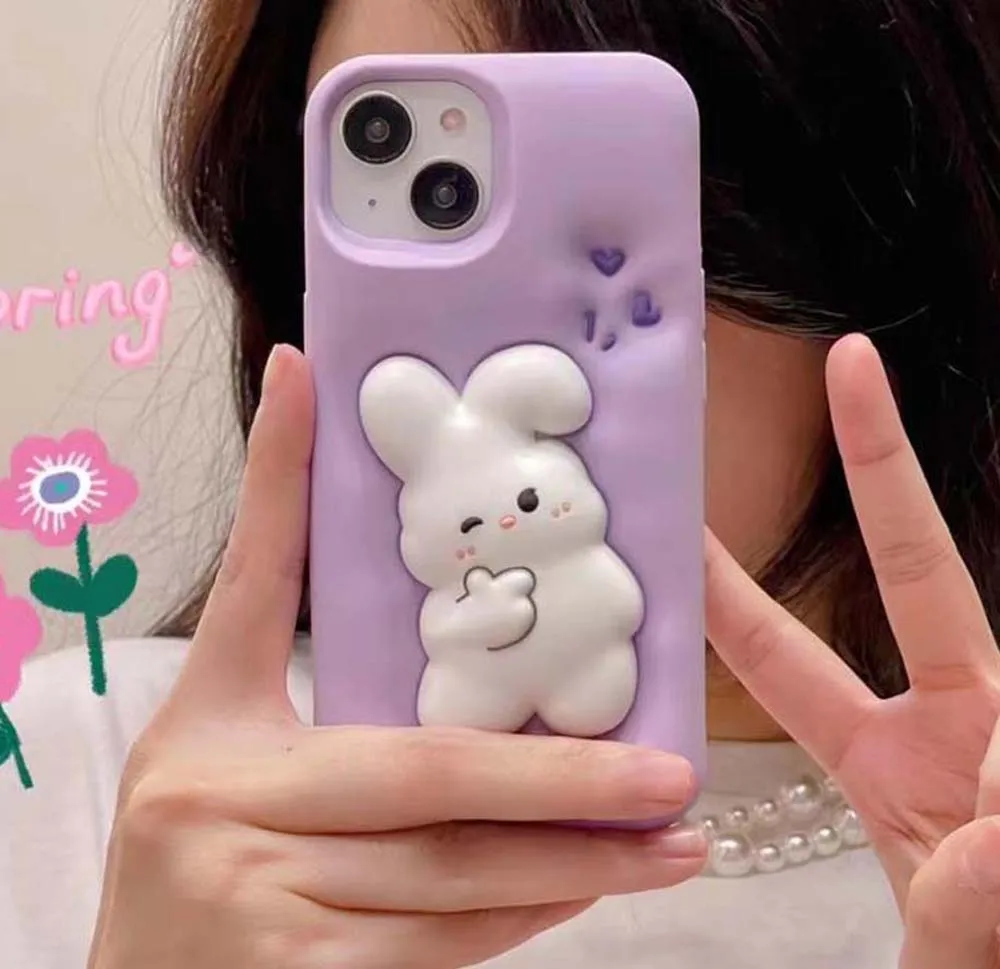 Press Purple Rabbit Style Case For iPhone 15 14 13 12 11 Pro Max Soft Silicone Shockproof Cute Cover Skin