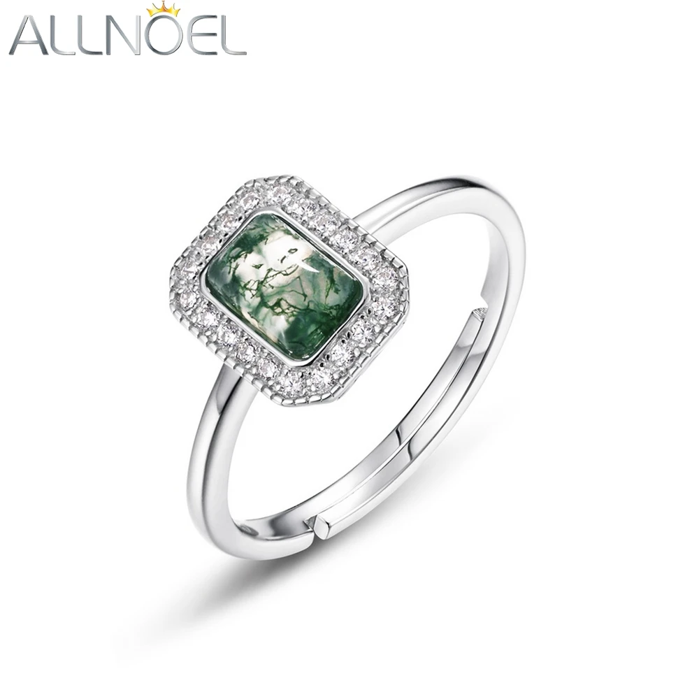 

ALLNOEL S925 Sterling Silver Rings For Women 4*6mm Natural Moss Agate Unique Green Gemstone Trendy Party Gifts Healing Jewelry