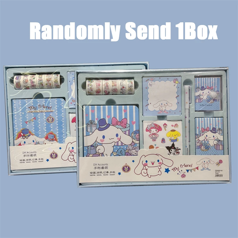 Sanrio Cartoon Handbook Set Combo Cute Kuromi Melody Cinnamoroll Girl Tape Stickers Notepad Pen School Student Gift Prize