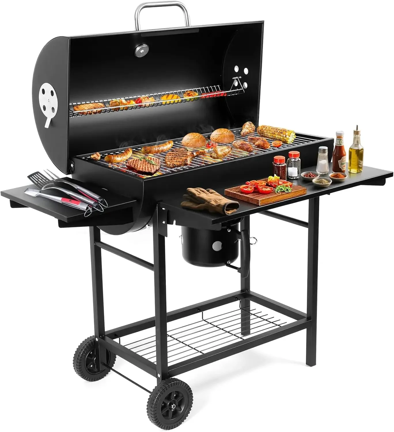 Charcoal BBQ Grills Outdoor: Spacious Barrel Barbecue Grill with Side Front Table - Premium BBQ Smoker Combo for Backyard
