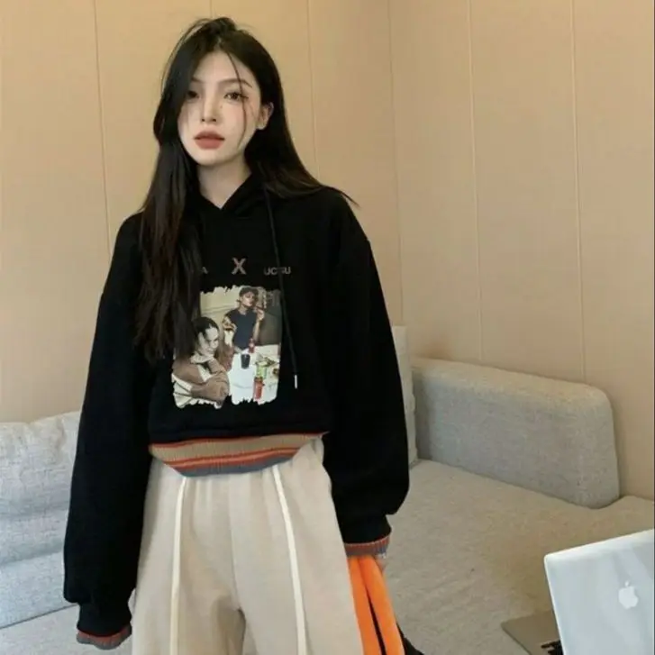 Short Style Red Hooded Fashion Print Casual Female Hoodies American Winter Loose Street Women Hoodies