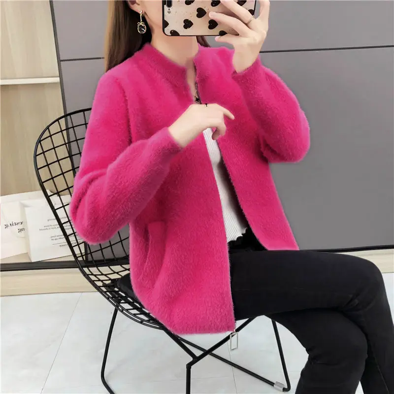 

Women Short Imitation Mink Velvet Jackets Spring Autumn Korean Pocket Zipper Casual Sweater Coats Female Cardigan Jacket U760