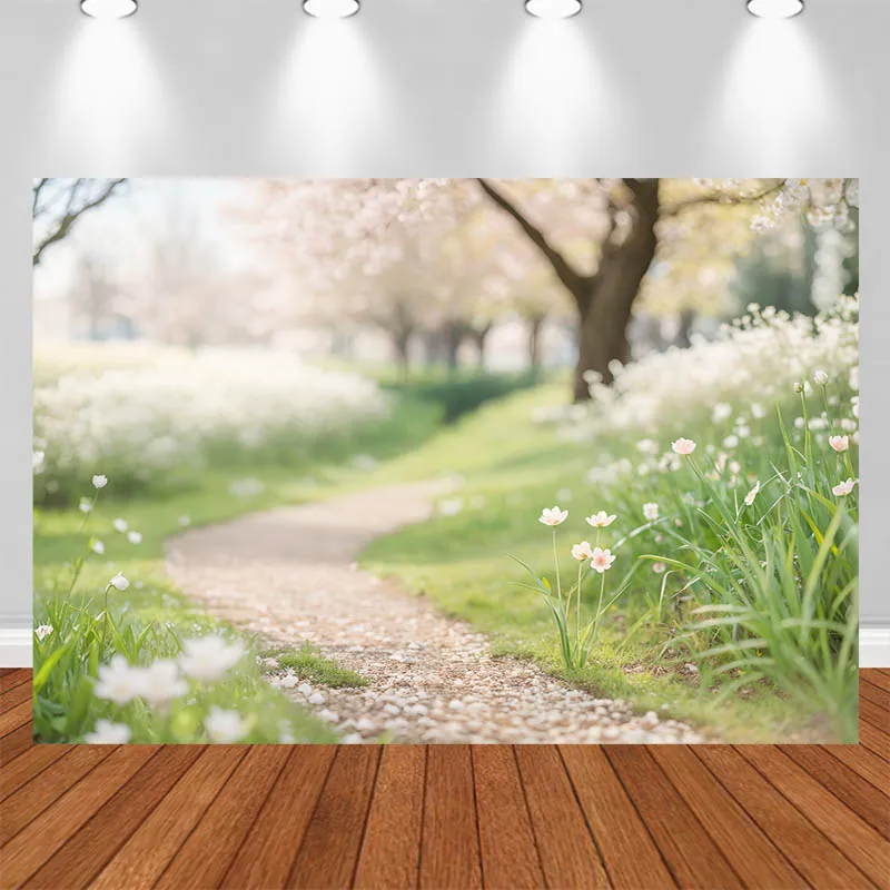 LS Photography Background Spring Outdoor Path Blooming Flower Lawn Decor Birthday Cake Smash Kids Adult Portrait Photo Backdrop