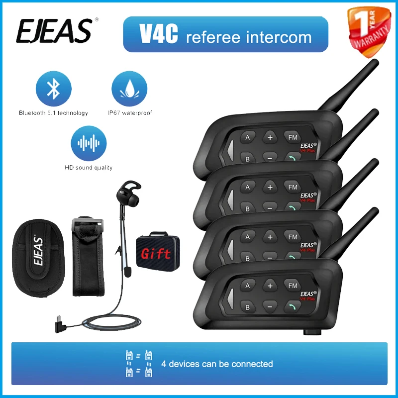 

4 шт. EJEAS V4C Plus арбитрская гарнитура для внутренней связи для 4 судей 1500 м Bluetooth полнодуплексная связь футбольный футбол
