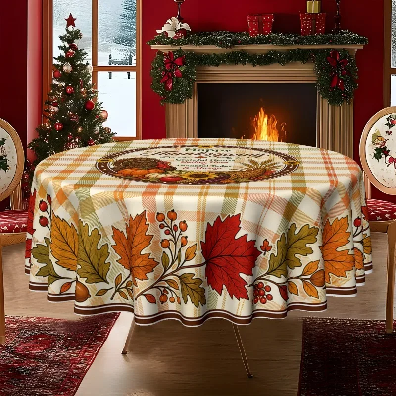 One tablecloth, featuring a Thanksgiving theme, with a checkered pattern - autumn leaves, turkeys and harvest elementsxzj