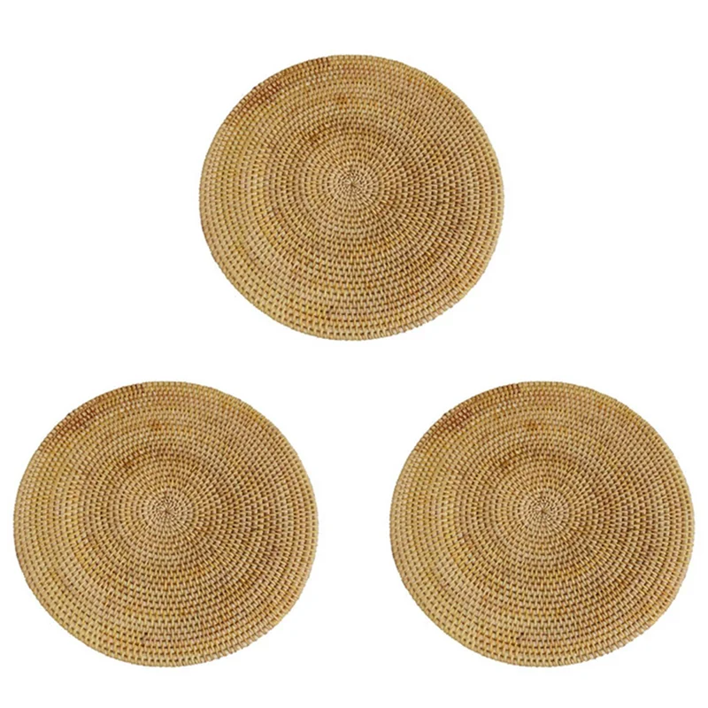 

D9-3X Handwoven Rattan Placemats,Round Wicker Table Mats, Natural Woven Placemats For Dinner Table,Heat Resistant Mats