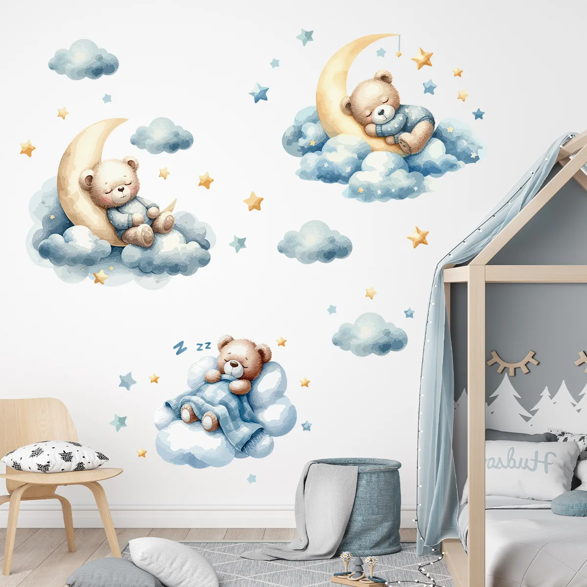 Cartoon Teddy Bear Sleeping on The Blue Cloud Moon Wall Stickers for Kids Room Baby Room Decoration Wall Decals Nursery Interior