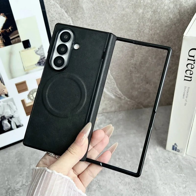 Magnetische Handyhülle für Samsung Galaxy Z Fold 7, 6, 5, 4, 3, Leder, Magsafe, kabellose Ladeabdeckung mit Bildschirmscharnier-Schutz
