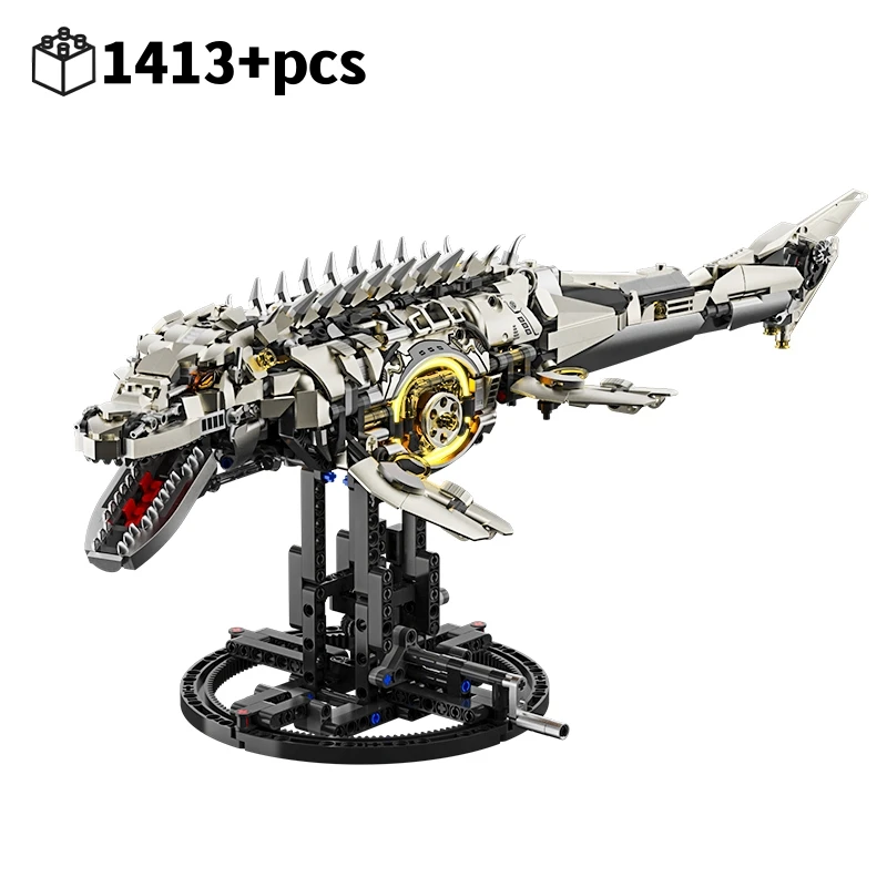 1413-delige Mosasaurus bouwsteenmodel, technische elektrische zeedierenset, tandwiel aangedreven met licht, verzamelspeelgoed voor volwassenen