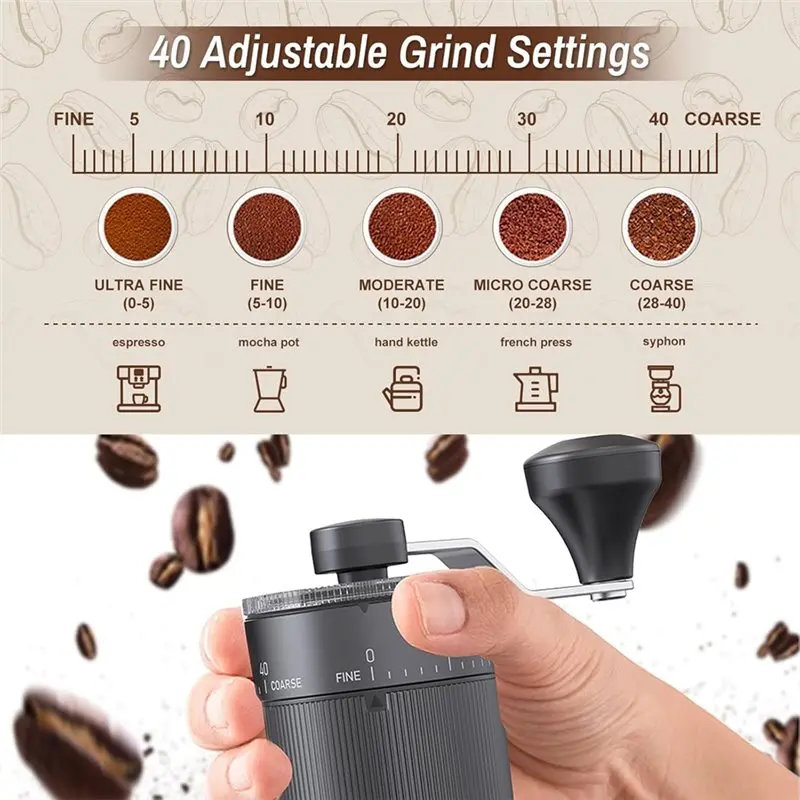 A05G-molinillo de café Manual portátil 40 configuraciones ajustables, molino de café Manual 30G para viajes, Camping, oficina, hogar