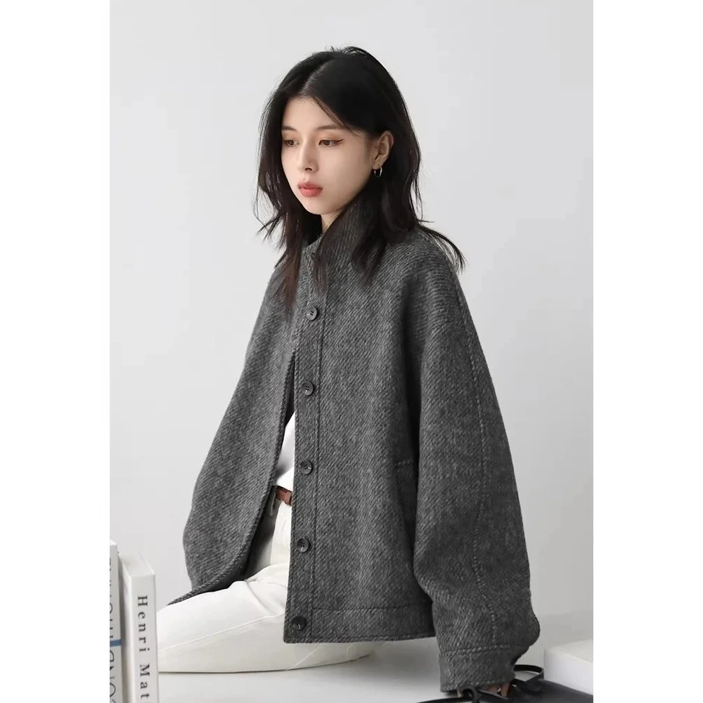 CHIC VEN Women Woolen Coats Vintage Casual Stand Up Collar Loose Woolen Jackets Warm Lady Clothes Autumn Winter New Grey 2026