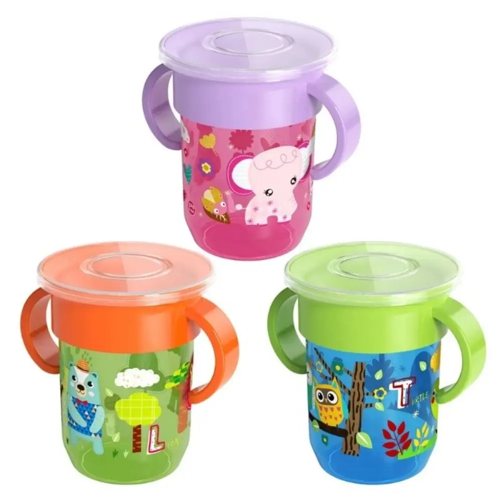 漫画の動物のトレーニングカップ,ダブルハンドル,360度回転するウォーターボトル,ふた付き,漏れ防止,ベビーカップ,幼児学校
