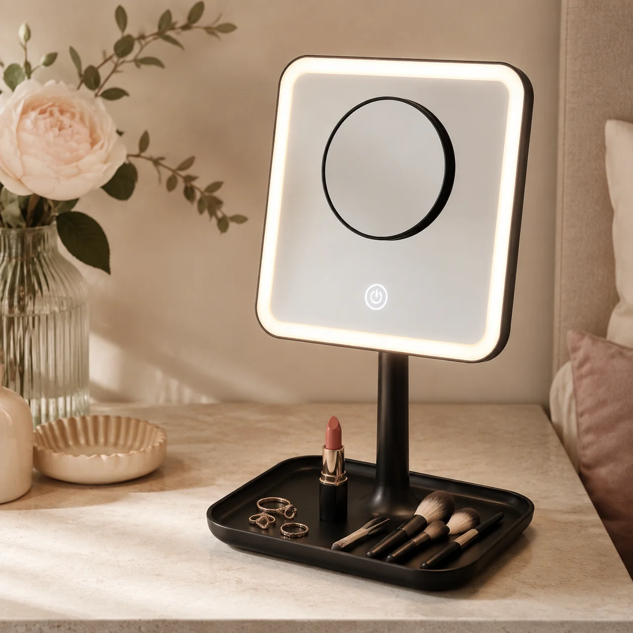 LED Lighted Vanity Makeup Mirror with 5X Magnification Storage Tray Touch Control Cosmetic Mirror Rich Black for Dressing Table Bedroom