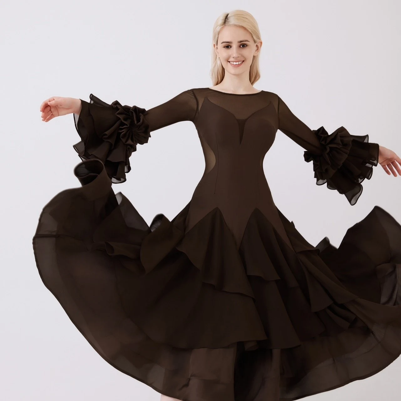 New Ballroom Dance Dress Women Purple Brown Ruffled Long Dress Club Prom Tango Waltz Dance Pracitce Performance Clothes BL19937